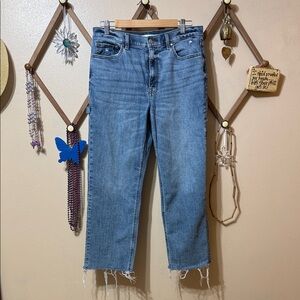 Eunina High Rise Dad JeansFrayed Hem Cropped Blue Jeans
